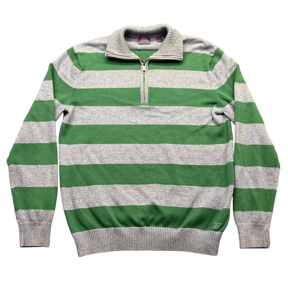 Esprit Mens Green Grey Striped 1/4 Zip Cotton Knit Pullover Sweater Size L